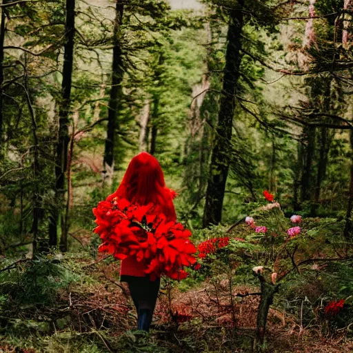 Prompt: a woman with red hair and antlers, collecting flowers. Nature vibes. 4k photo