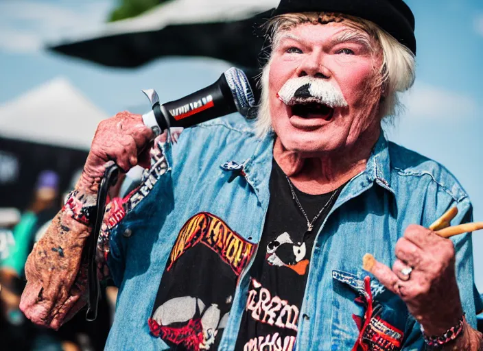 Image similar to photo still of rip taylor at vans warped tour!!!!!!!! at age 6 3 years old 6 3 years of age!!!!!!! throwing bees at a crowd, 8 k, 8 5 mm f 1. 8, studio lighting, rim light, right side key light