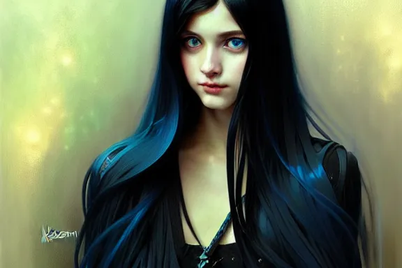 Prompt: portrait of teenage girl with long glossy black hair, blue eyes, glowing skin, fashion model features, fantasy, intricate, elegant, black dress, highly detailed, digital painting, artstation, concept art, smooth, sharp focus, illustration, art by Krenz Cushart and Artem Demura and alphonse mucha