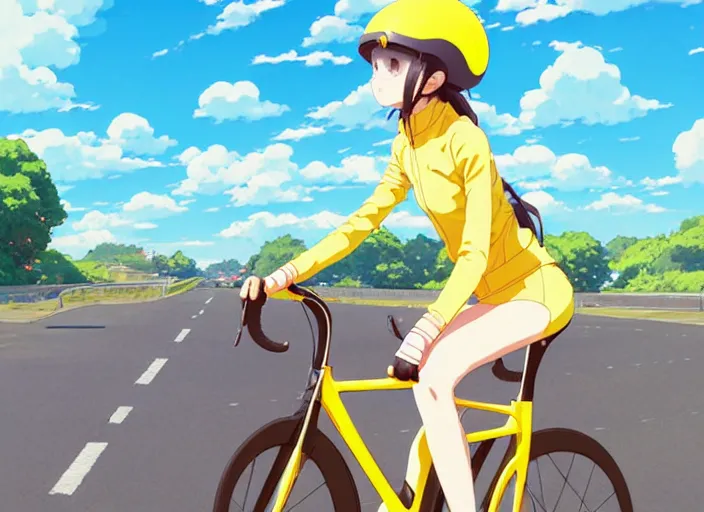 Prompt: portrait of cute girl riding road bike, sunny sky background, lush landscape, illustration concept art anime key visual trending pixiv fanbox by wlop and greg rutkowski and makoto shinkai and studio ghibli and kyoto animation, symmetrical facial features, sports clothing, yellow road bike helmet, nike cycling suit, backlit, aerodynamic frame, gta 5