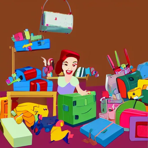 Image similar to a painted cartoonish scene, an open suitcase sits on a table, the open suitcase contains a vast pile of toys, the pile of toys rises all the way to the ceiling, the pile of toys blocks the background, a woman stands next to the table and suitcase, the woman holds more toys