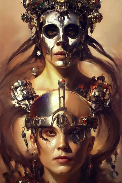 Image similar to beautiful expressive oil painting portrait of ancient cyborg god queen with a jeweled skull mask ascending wearing a neo japan crown, art by anders zorn, wonderful masterpiece by greg rutkowski, beautiful cinematic light, american romanticism by greg manchess, jessica rossier