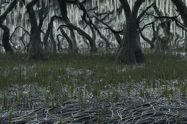 Image similar to Swamp full of trees made out of thousands of wires and pipes with an ancient technomancer temple in the center, close up, ultra realistic reflections, octane render