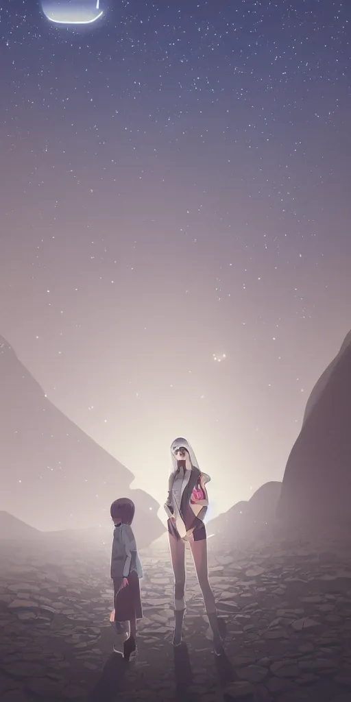 Image similar to ilya kuvshinov illustration of a white bioremediation architecute in the desert filled with stars at night, hazy and misty, magical feeling, uhd, high detail, by ilya kuvshinov