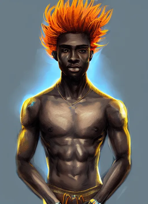 Image similar to a highly detailed illustration of attractive young african guy with flaming hair wearing tracksuit, dramatic standing pose, intricate, elegant, highly detailed, centered, digital painting, artstation, concept art, smooth, sharp focus, league of legends concept art, wlop