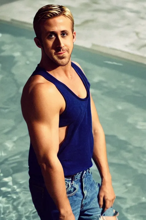 Image similar to Ryan Gosling as Ken with blonde hair, muscular, wearing a cut-off 90s styled crop top and jeans, by a swimming pool, shiny metallic glossy skin