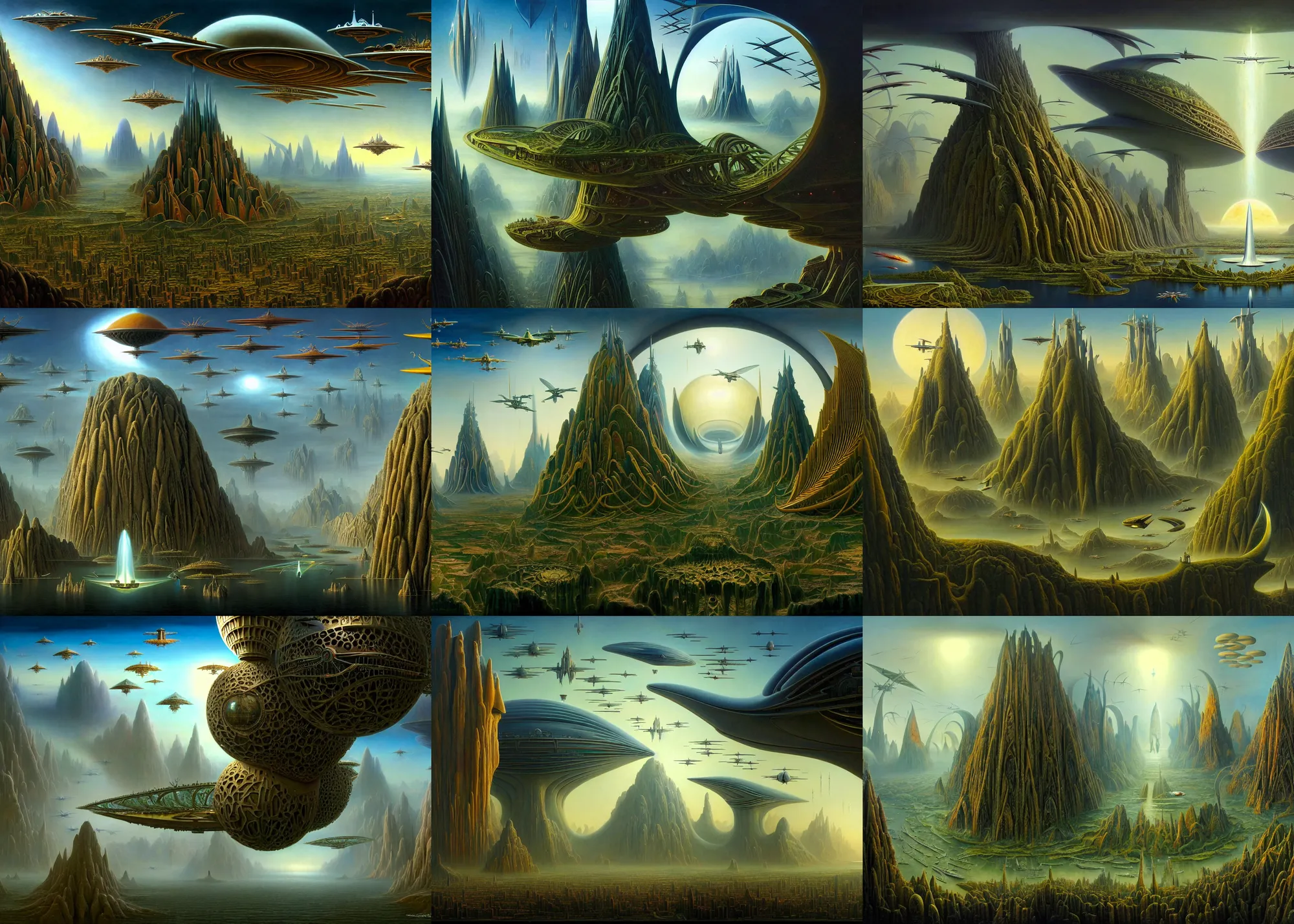 Prompt: a beautiful matte painting by Jim Burns and Noah Bradley of an advanced futuristic civilization with surreal architecture and flying machines designed by Heironymous Bosch, mega structures inspired by Heironymous Bosch's Garden of Earthly Delights, whimsical!, masterpiece!!, grand!, imaginative!!!, intricate details, sense of awe, elite, featured on artstation, award winning