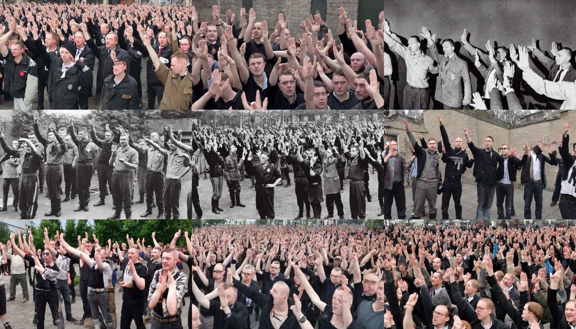 Prompt: a group of people doing nazi salute, except one man