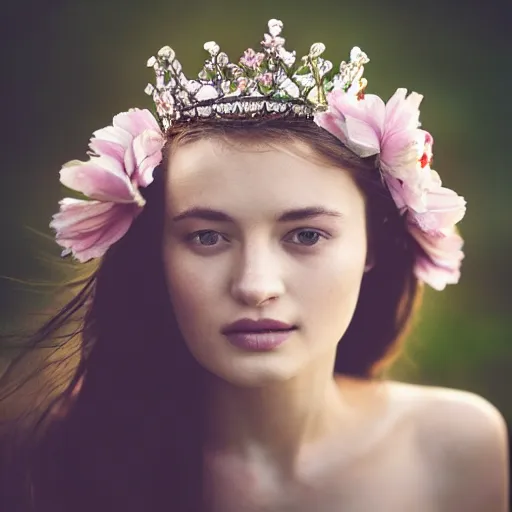 Prompt: Fine art photo of the most beautiful woman, she is posing while maintain a sweet eye contact to the camera, she has a crown of flowers, she has perfect white teeths, she is sitting on a field of lavader, she is getting ulluminated by the rays of the sunset, the photo was taking by Annie Leibovitz, Ellie Victoria Gale, Steve McCurry, matte painting, oil painting, naturalism, 4k, 8k