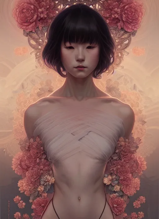 Image similar to symmetry!! portrait of floral! hitomi kisugi psycho, intricate, elegant, highly detailed, digital painting, artstation, concept art, smooth, sharp focus, illustration, art by artgerm and greg rutkowski and alphonse mucha, 8 k