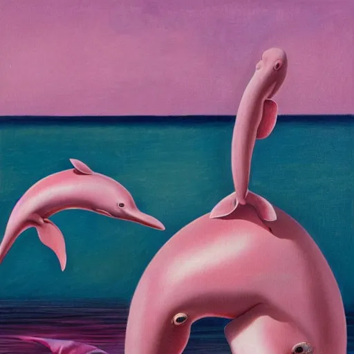 Image similar to a highly detailed oil painting of 2 pink dolphins in a cheese world, 4 k, trending on art station, in the style of dali, boch, matisse caravaggio, comical