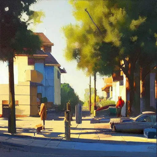 Image similar to street scene, summer time, sunlight, bright colorful, painting bykenton nelson, jeremy mann