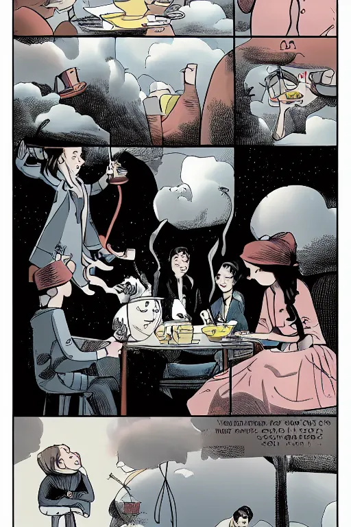 Prompt: a tea party in the clouds, graphic novel, high contrast