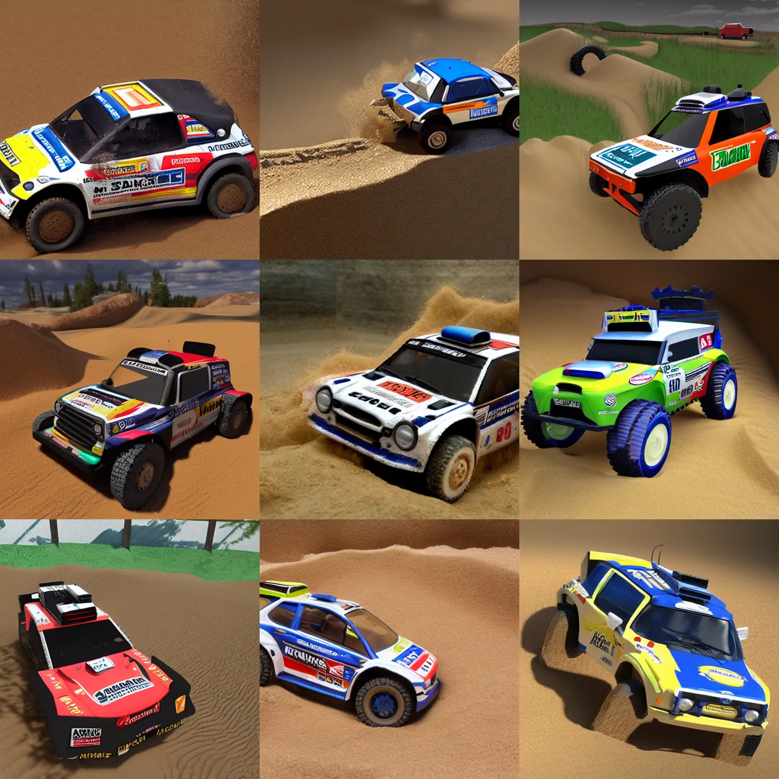 Prompt: realistic miniature rally vehicle in a sandbox