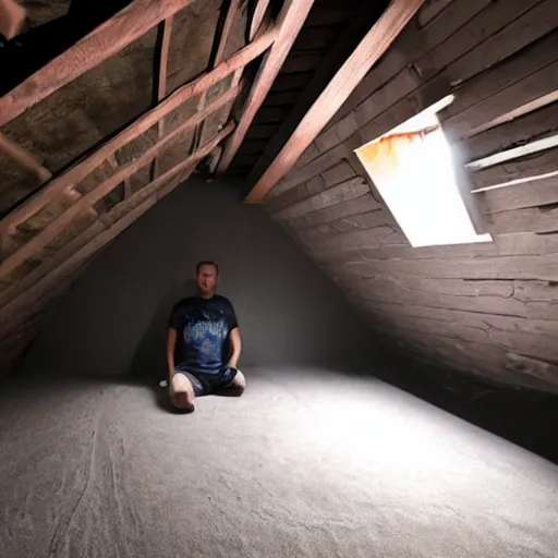 Prompt: dark attic with a hidding giga chad