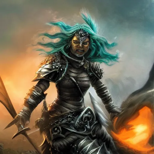 Image similar to fantasy warrior woman with dragon armour, black hair and turquoise eyes slaying orcs in medieval battlefield, fog and mist