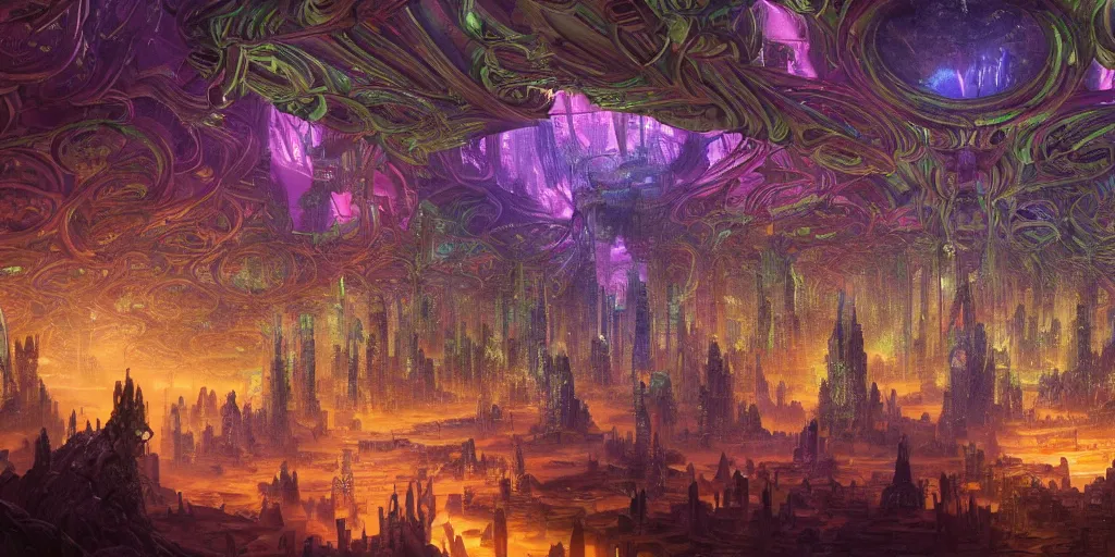 Prompt: a beautiful matte painting of the inside of a galactic cyberpunk crystal temple in dmt fractal trippy psychedelic hyperspace , highly detailed creepily dimly lit exterior with shafts of iridescent light bouncing off crystal columns, by Christophe Vacher and Bastien Lecouffe-Deharme and Alex Grey, trending on artstation,narrative realism, deep color scheme,wide angle,highly detailed,v-ray render,photorealistic,4k hd wallpaper