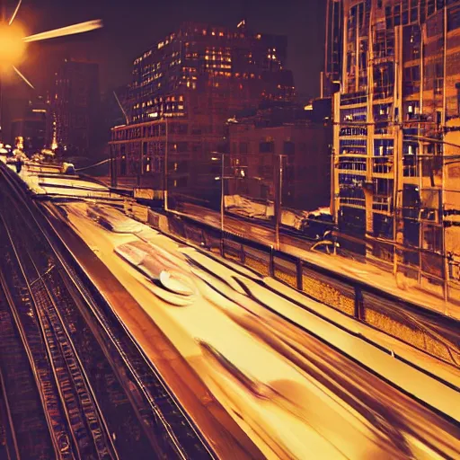 Prompt: futuristic train drives on bridge over busy street full of cars in nyc at night, still photo, cinematic lighting