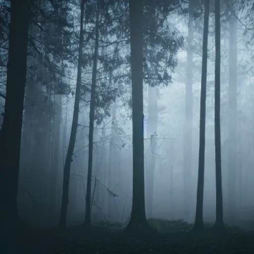 Prompt: found footage sighting of a slender man at night in a forest, fog, volumetric lighting