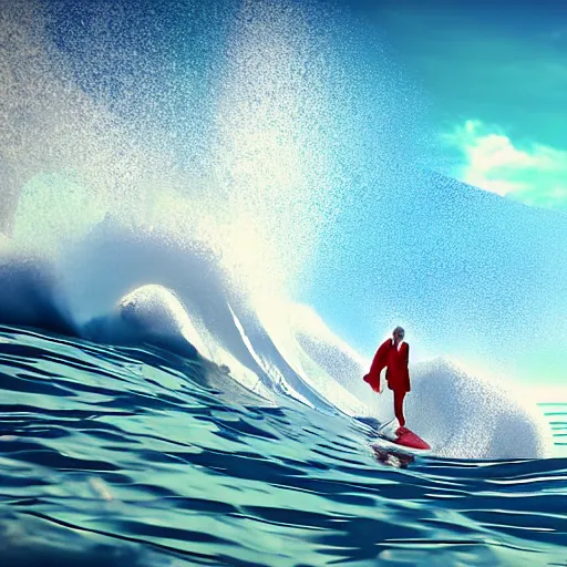 Prompt: photo of a high skilled wave surfing catholic priest with white clothes on the red sea. high detail unreal engine