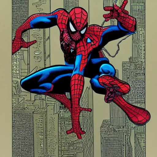 Image similar to Spiderman, half symbiote drawn by Geof Darrow