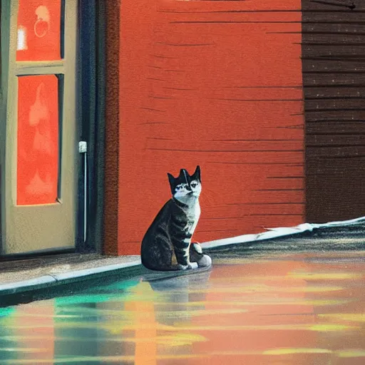 Prompt: Cat sitting on wet street corner, night, high detail, 4k