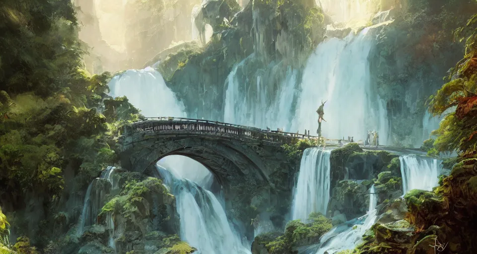 Image similar to A beautiful digital painting of train bridge, waterfall, lovely valley by Stanley Artgerm Lau, frank frazetta, Rossdraws, James Jean, gerald brom, Andrei Riabovitchev, Marc Simonetti, and Sakimichan, trending on artstation