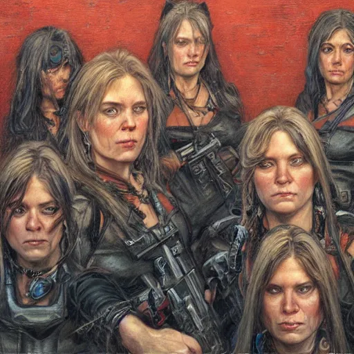 Prompt: frontal portrait of an all - female outlaw gang, by donato giancola.