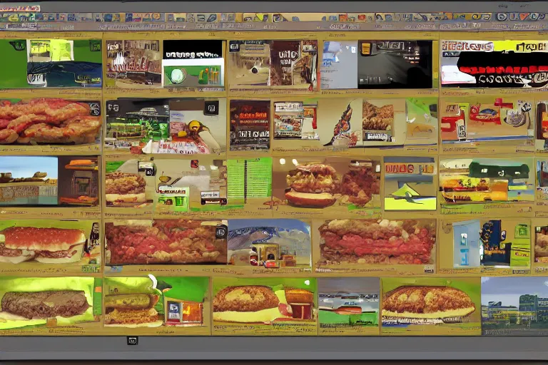 Image similar to hamburger themed gnu / linux desktop environment, linux mint, in 1 9 9 5, y 2 k cybercore, desktop screenshot