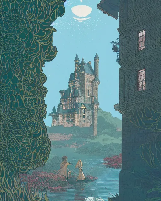 Prompt: a castle on the water, digital art, illustrated by james gurney and victo ngai