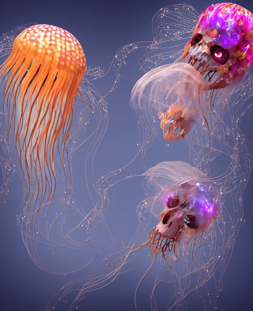 Image similar to close-up portrait of the face of a beautiful princess in a twisted flowers jellyfish mask surrounded by energy flow, epic angle and pose, symmetrical artwork, 3d with depth of field, blurred background, floating jellyfish skull phoenix bird, translucent, nautilus, energy flows of water and fire. a highly detailed epic cinematic concept art CG render. made in Maya, Blender and Photoshop, octane render, excellent composition, cinematic dystopian brutalist atmosphere, dynamic dramatic cinematic lighting, aesthetic, very inspirational, arthouse. y Greg Rutkowski, Ilya Kuvshinov, WLOP, Stanley Artgerm Lau, Ruan Jia and Fenghua Zhong