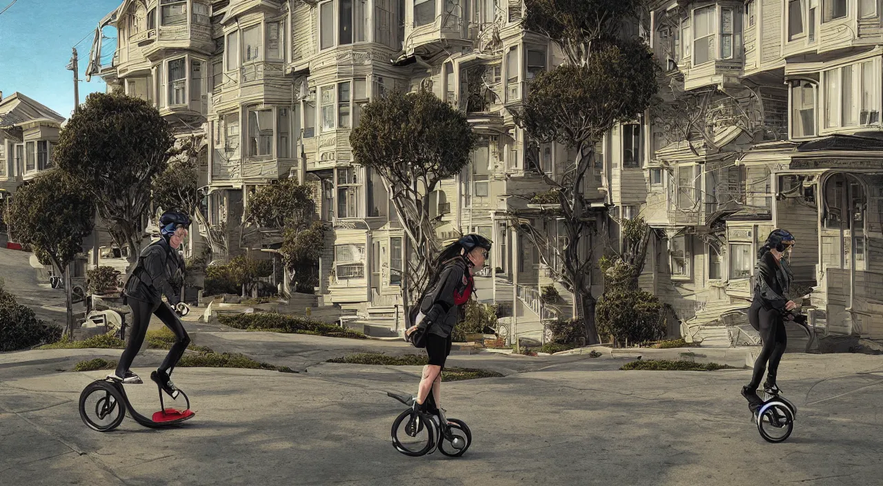Image similar to woman with helmet and knee pads on onewheel in san francisco hills, a beautiful interesting detailed matte digital illustration, rule of thirds, san francisco architecture, houses, by Craig Mullins, sunny, backlit