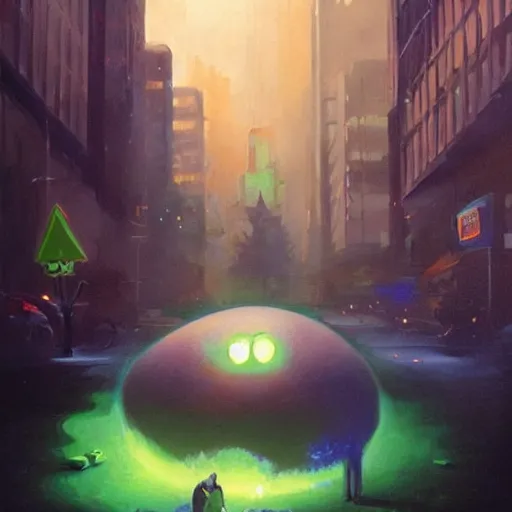 Prompt: the blob, a being of green ghostly ooze making its way through abandoned midnight streets, ray swanland, rhads,