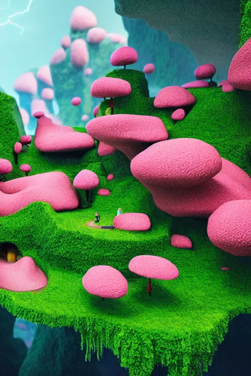 Prompt: an ultra - realistic massive volume cave : 5, ; bright coloured natural flowers and ferns : 1 ; miniature tiny futuristic city : 3 ; endless plain with pink lightning clouds : 2, highly symmetrical, balanced, octane render hd, 4 k, ultra - realistic, in unreal engine, trending on artstation, concept art