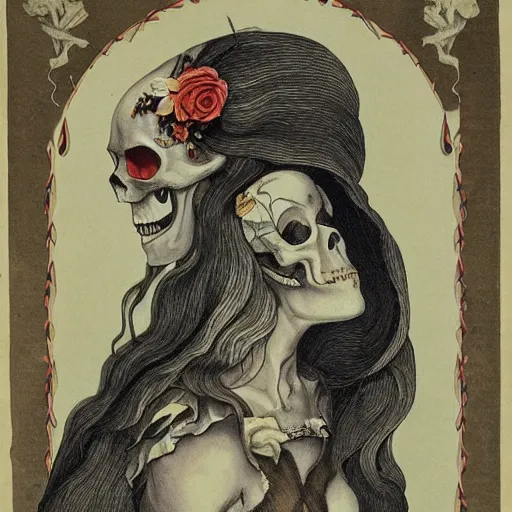 Prompt: a beautiful goddess of death with a skull for a face wearing a torn robe flowing in the wind