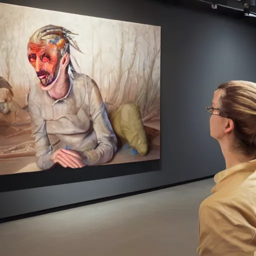 Prompt: art curator looking bored at paintings of a screen with a chat interface, in the style of grand chamaco and stanley kubrick, inspired by die antwoord, photorealistic, epic, super technical, cinematic still