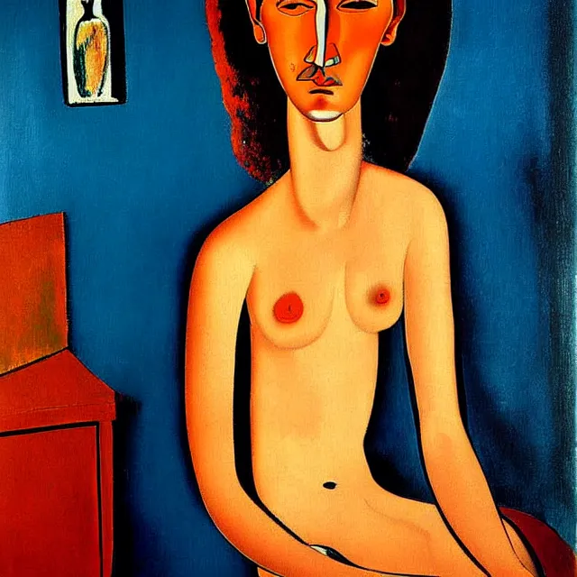 Image similar to a beautiful painting dali in the bathroom, by andy warhol amedeo modigliani realistic oil painting