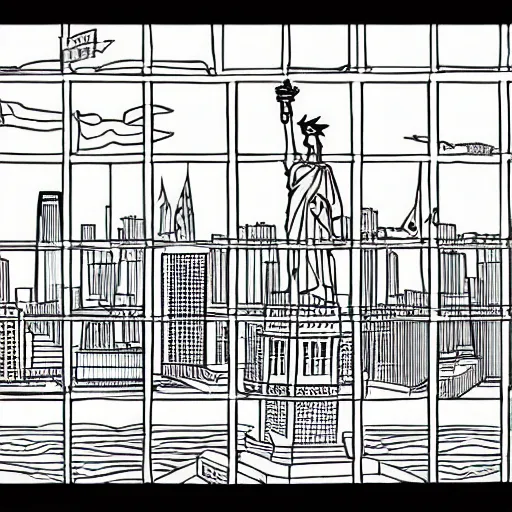 Prompt: city of new york from statue of liberty, colouring-in sheet