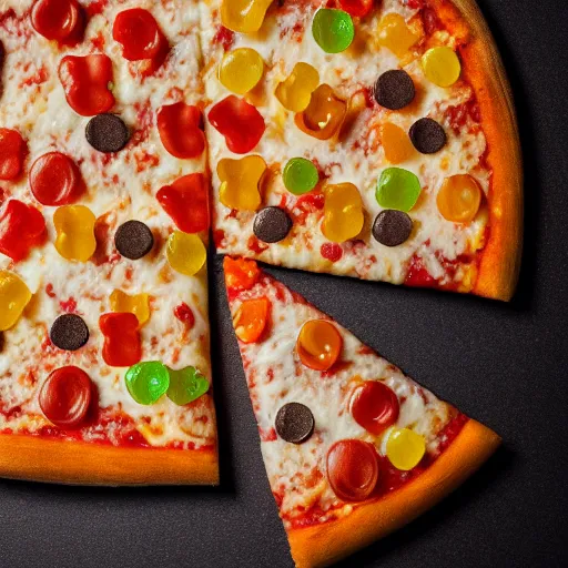 Prompt: a pizza with gummy bears on it, photograph, 8 k resolution, food photography, studio lighting