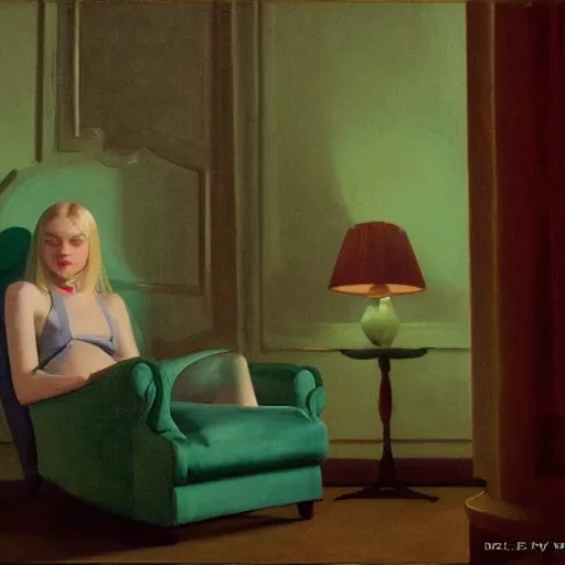 Prompt: Elle Fanning sitting in a green chair at night in the world of Edward Hopper, lamp, extremely detailed masterpiece, oil on canvas, low-key neon lighting, artstation, Blade Runner 2049, Roger Deakin’s cinematography, by J. C. Leyendecker and Peter Paul Rubens,