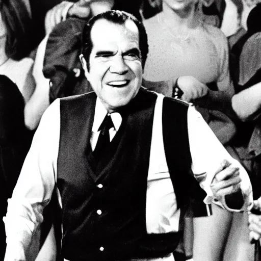 Image similar to Richard Nixon in 70s disco fashion dancing in the show Soul Train 1971