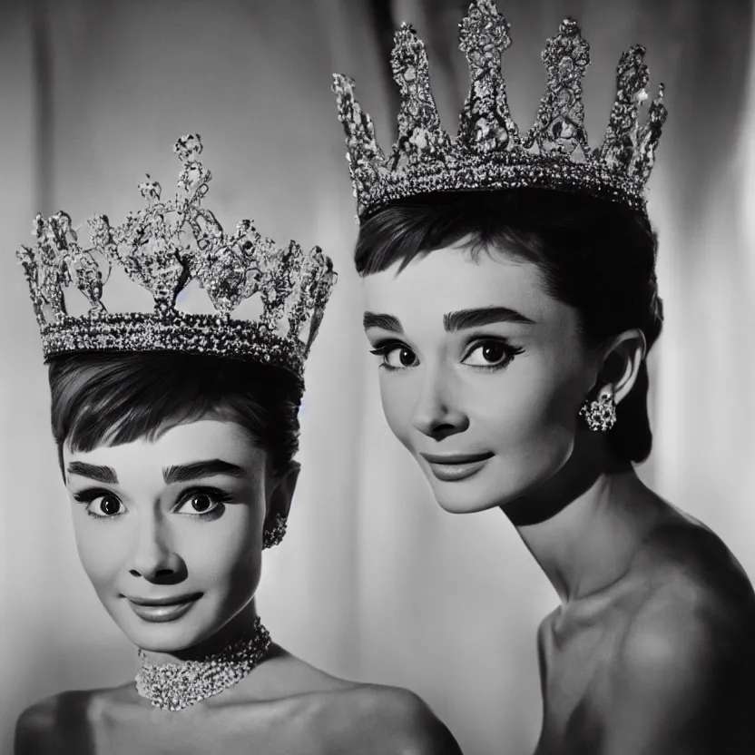 Image similar to portrait of audrey hepburn as a crowned queen, ultra realistic, canon 3 5 mm photography