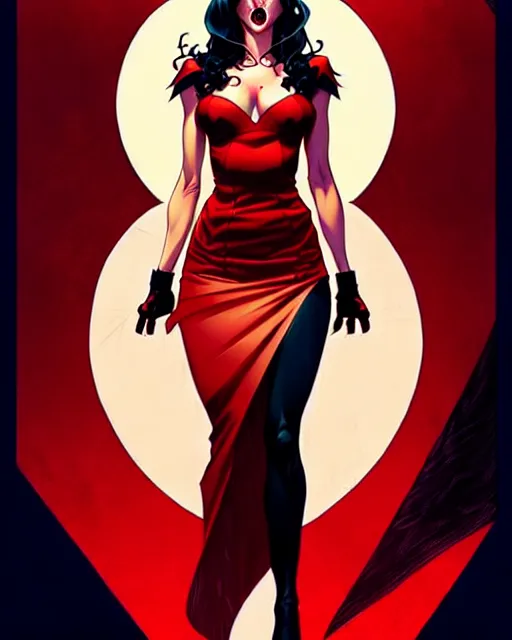 Image similar to artgerm, joshua middleton comic cover art, full body pretty megan fox vampire sharp teeth, red dress, symmetrical eyes, symmetrical face, long curly black hair, dark castle background background, cinematic lighting