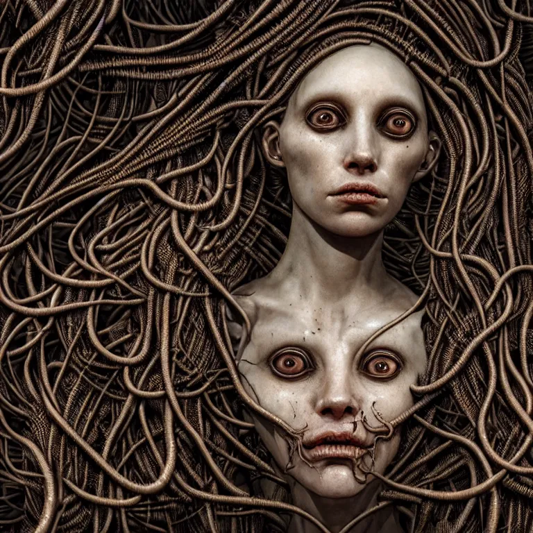Prompt: ribbed abandoned closeup face portrait of faceless woman on exoplanet, covered with tentacles, roots, wires, tubes, baroque painting, standing in a desolate empty wasteland, creepy, nightmare, dream-like heavy atmosphere, surreal abandoned buildings, beautiful detailed intricate insanely detailed octane render trending on Artstation, 8K artistic photography, photorealistic, chiaroscuro, Raphael, Caravaggio, Beksinski, Giger