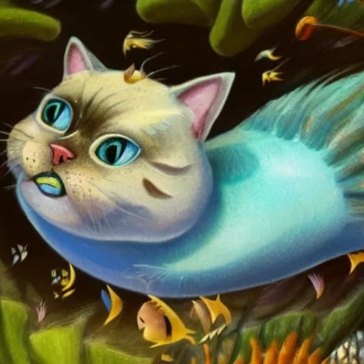 Prompt: A cat mermaid hybrid chasing a puffer fish