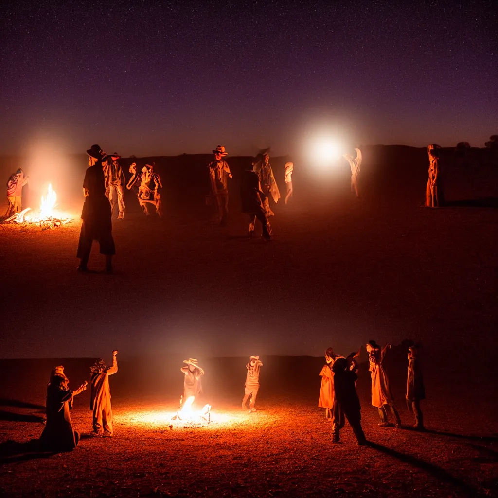 Image similar to atmospheric long exposure night photograph of three ravers, two men, one woman, woman is in a trenchcoat, blessing the soil at night, people facing fire circle, two aboriginal elders, dancefloor kismet, diverse costumes, clean composition, starlight bokeh, desert transition area, bonfire, atmospheric night, australian desert, symmetry, sony a 7 r