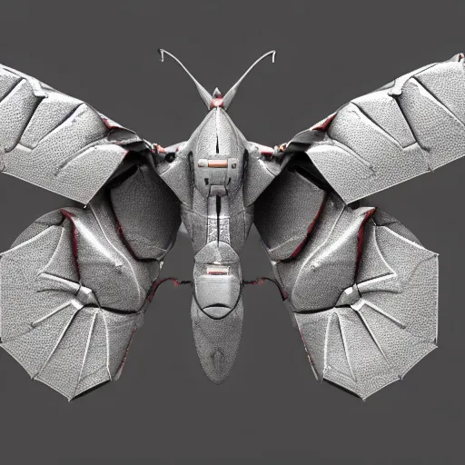 Prompt: a mechanized atlas moth, gunmetal grey, very symmetrical, orthographic view, top down view, bottom view, side view, blueprints, mecha, lockheed martin f - 3 5 lightning ii, fighter jet, cybernetic, robotic, highly detailed, artstation, autodesk maya, super realistic, unreal engine