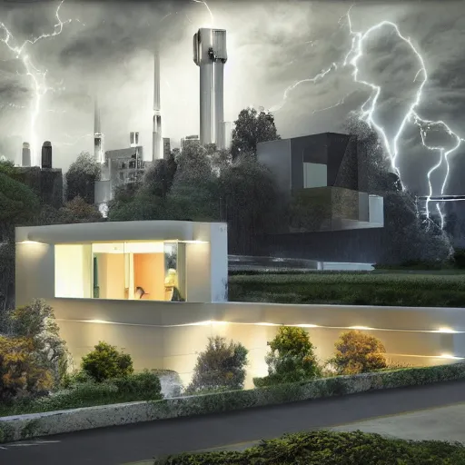 Image similar to exterior view of modern futuristic haunted house architecture, on a hill with a view overlooking the city, lightning in grey skies, detailed luminescent oil painting 4 k