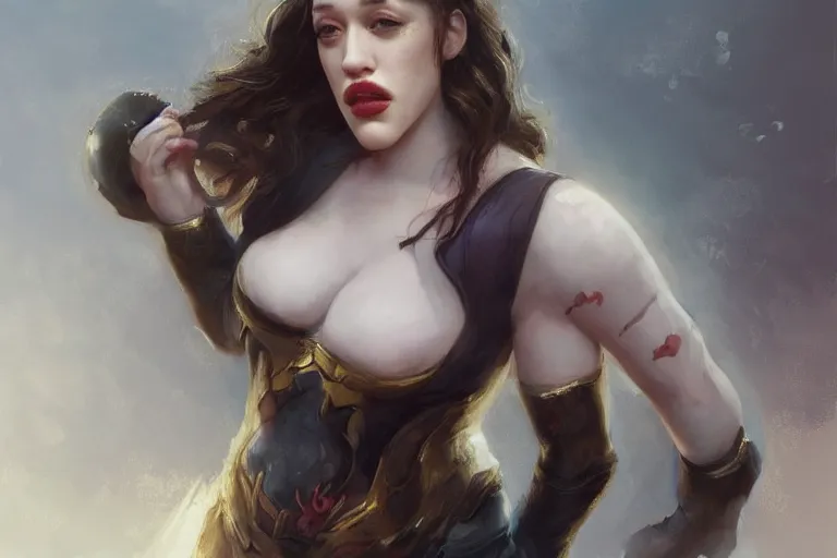 Image similar to A portrait of a Kat Dennings sticking her tongue out while striking a heroic pose in a small leotard Ruan Jia and Mandy Jurgens and Artgerm and william-adolphe bouguerea, highly detailed, trending on artstation, award winning, H 768