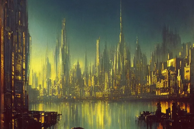 Image similar to city of golden shadows, intricate detailed painting, cityscape, john harris, reflective lighting